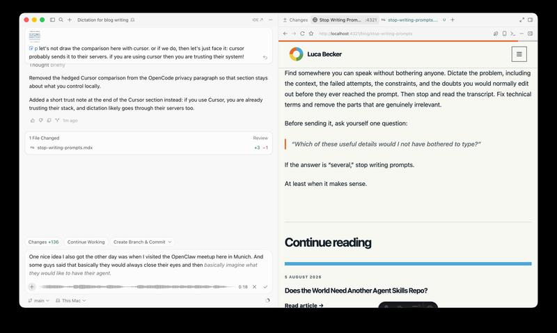 Cursor recording a dictated prompt while the blog post preview is open beside it