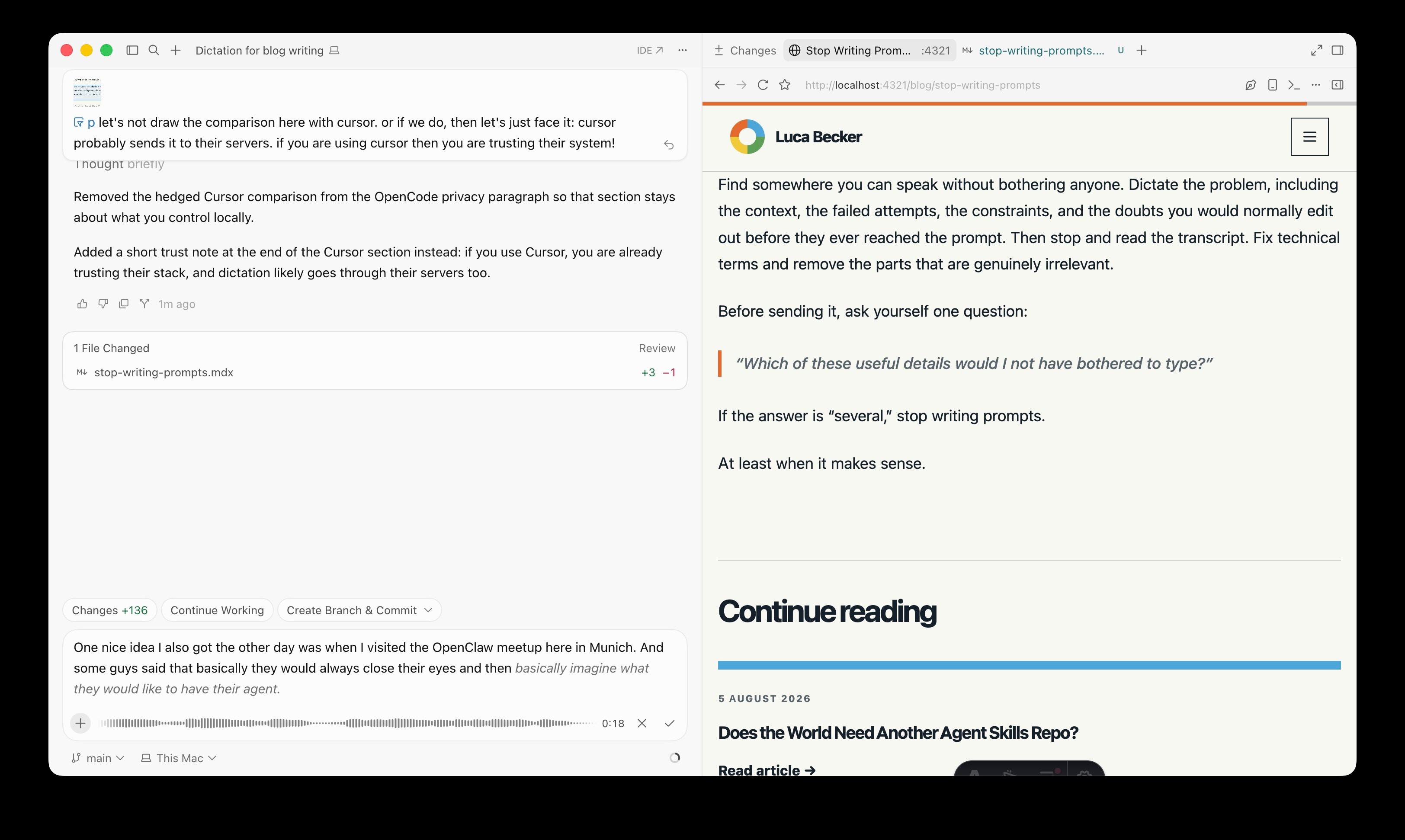 Cursor recording a dictated prompt while the blog post preview is open beside it