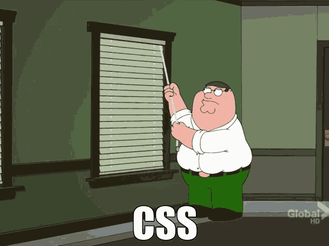 Family Guy meme showing Peter Griffin struggling with window blinds, representing developers fighting with CSS