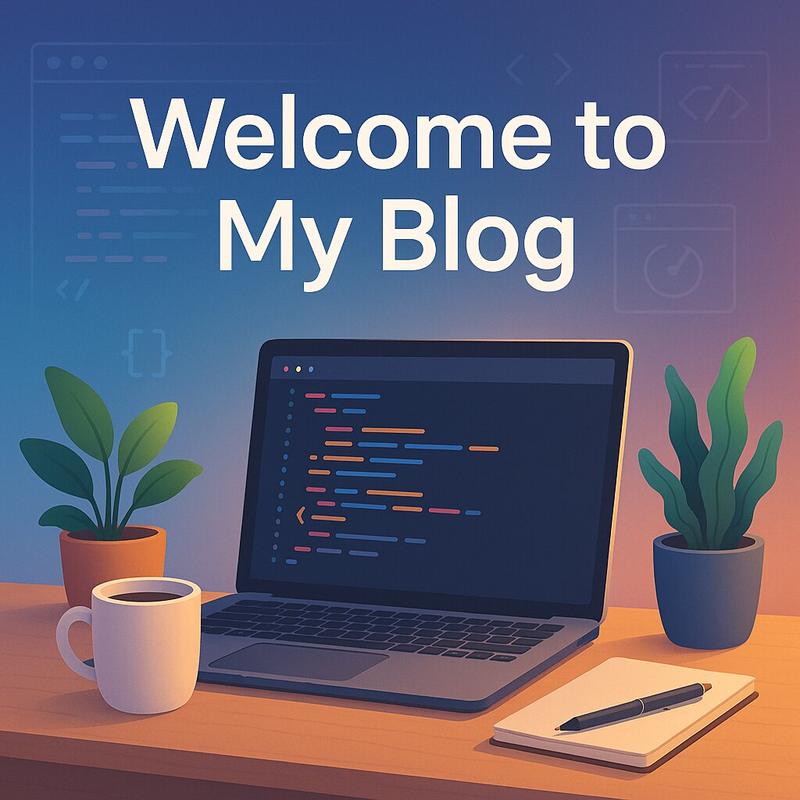 Welcome to My Blog - Cozy developer workspace with laptop showing code, coffee cup, and plants creating an inspiring coding environment