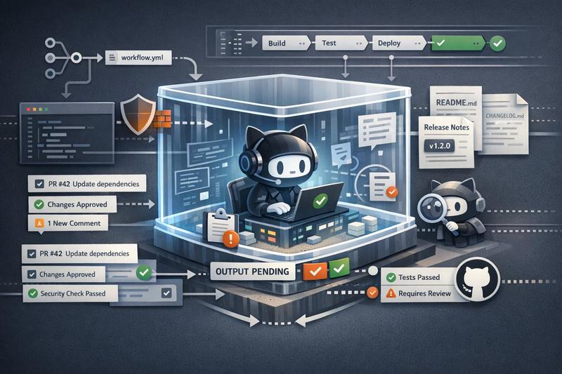Illustration of a GitHub coding agent running inside a sandboxed CI environment with workflow steps, approvals, and guarded outputs