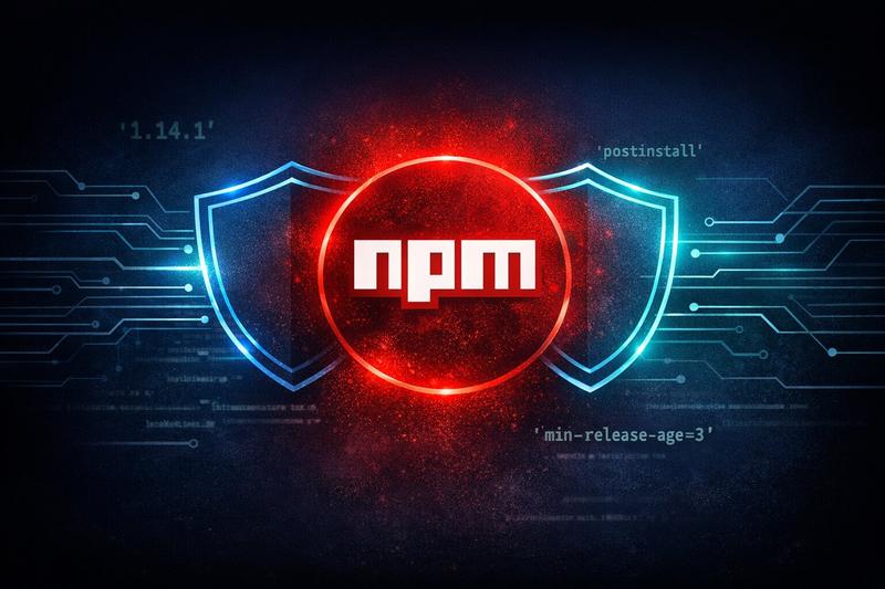 npm logo inside a glowing shield representing package security and hardening measures