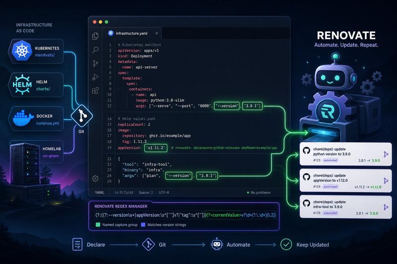 Illustration of Renovate regex manager extracting version pins from infrastructure files and opening automated dependency update pull requests