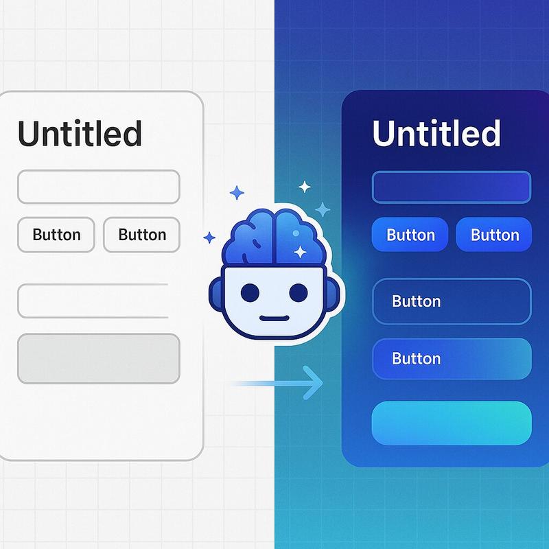 AI-powered design transformation - from plain wireframes to beautiful modern UI designs with AI brain icon showing the transformation process