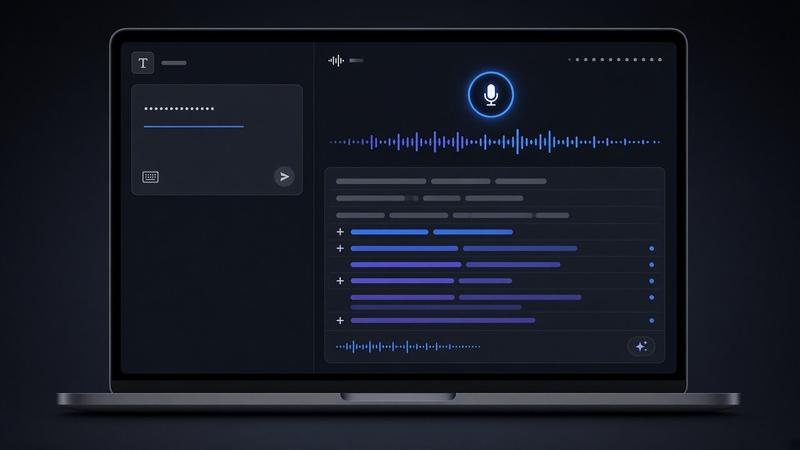 Voice dictation interface turning a spoken, context-rich AI prompt into editable text