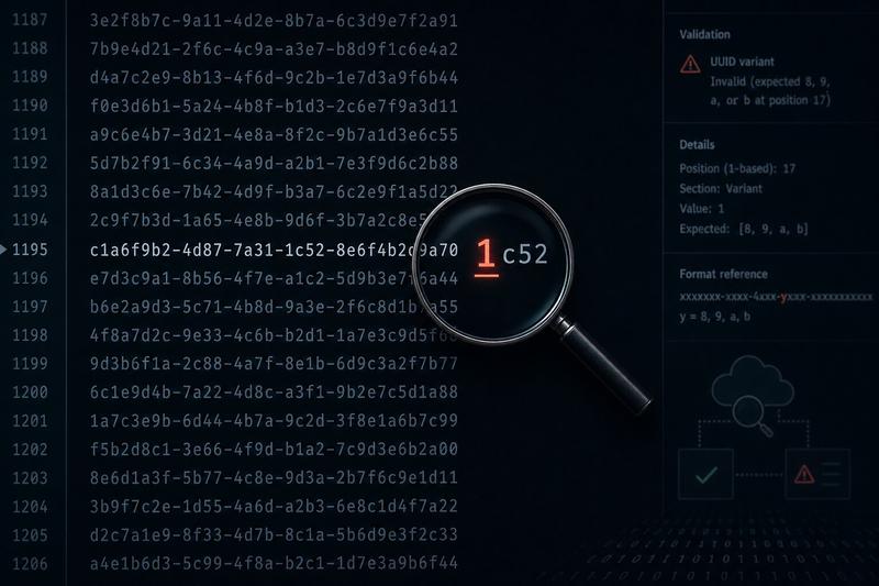 UUID-like identifiers on a dark screen with a magnifying glass highlighting an invalid variant nibble