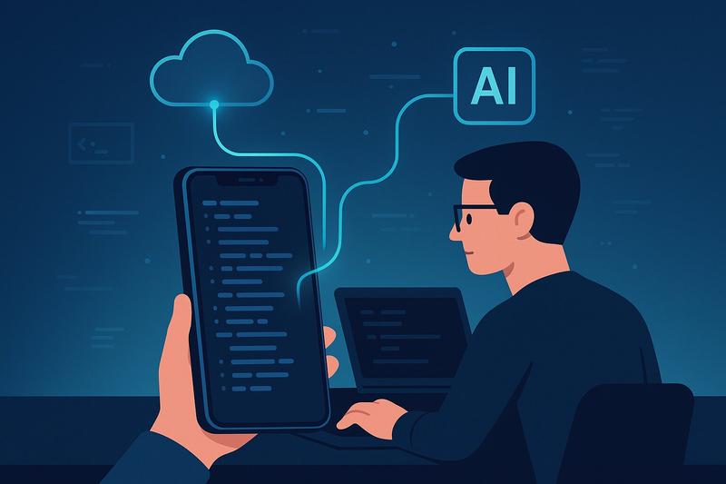 Developer coding on mobile device with AI agent assistance showing cloud-connected development environment