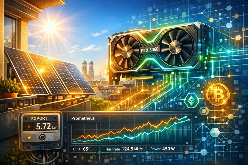 Solar-powered cryptocurrency mining setup with RTX 3060 GPU