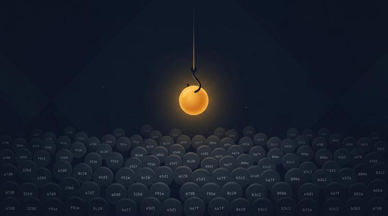 A single glowing git blob object being fished out with a hook from a sea of anonymous SHA-labeled dangling blobs