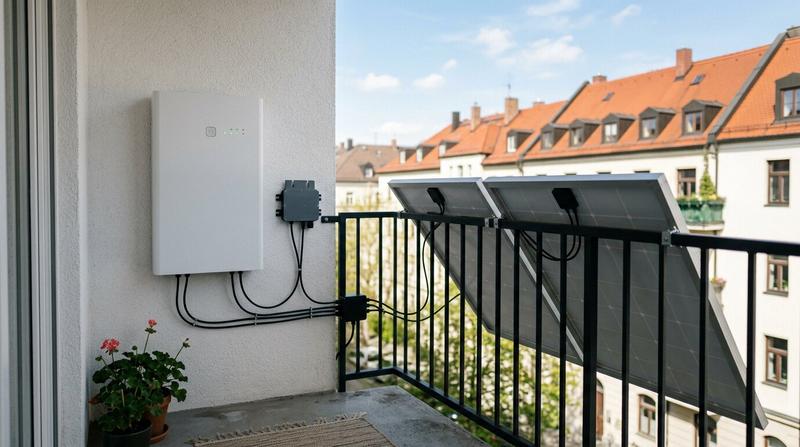 Marstek B2500-D home battery mounted on a Munich balcony between two solar panels and a small Hoymiles microinverter