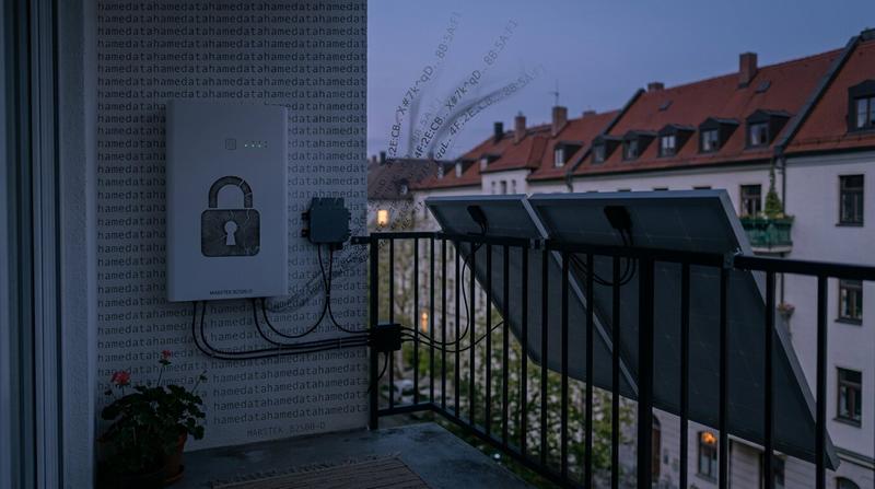 Marstek B2500-D battery on a Munich balcony with translucent ciphertext streams and a cracked padlock overlay, illustrating broken cloud encryption