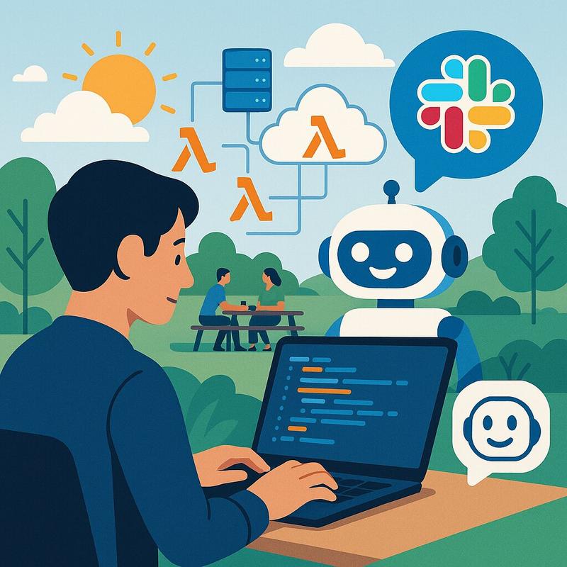 Developer working on a laptop with AI coding assistant, showing Slack bot integration and weather API connections