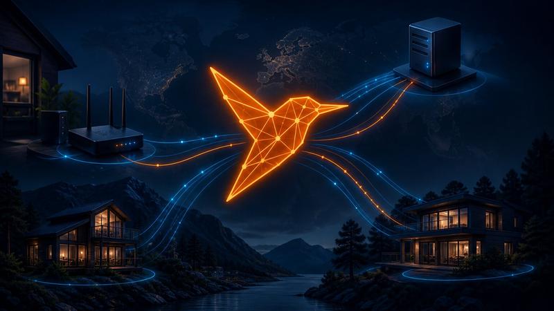 Stylized orange NetBird bird connecting a home router, self-hosted server, and two remote homes