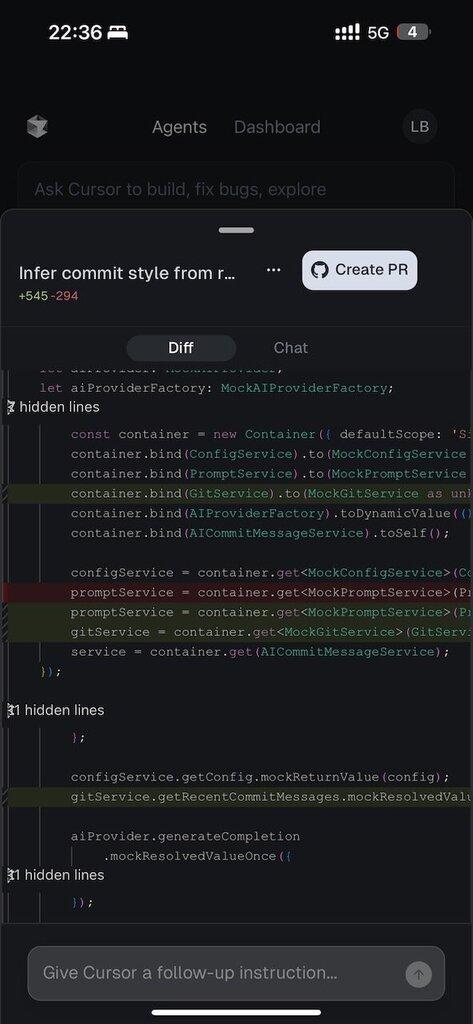 Cursor's mobile progressive web app interface showing agent progress monitoring with diff view and chat functionality for remote code development