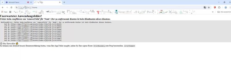 Browser showing React error page with Google Translate icon visible in URL bar - the error message itself has been translated to German