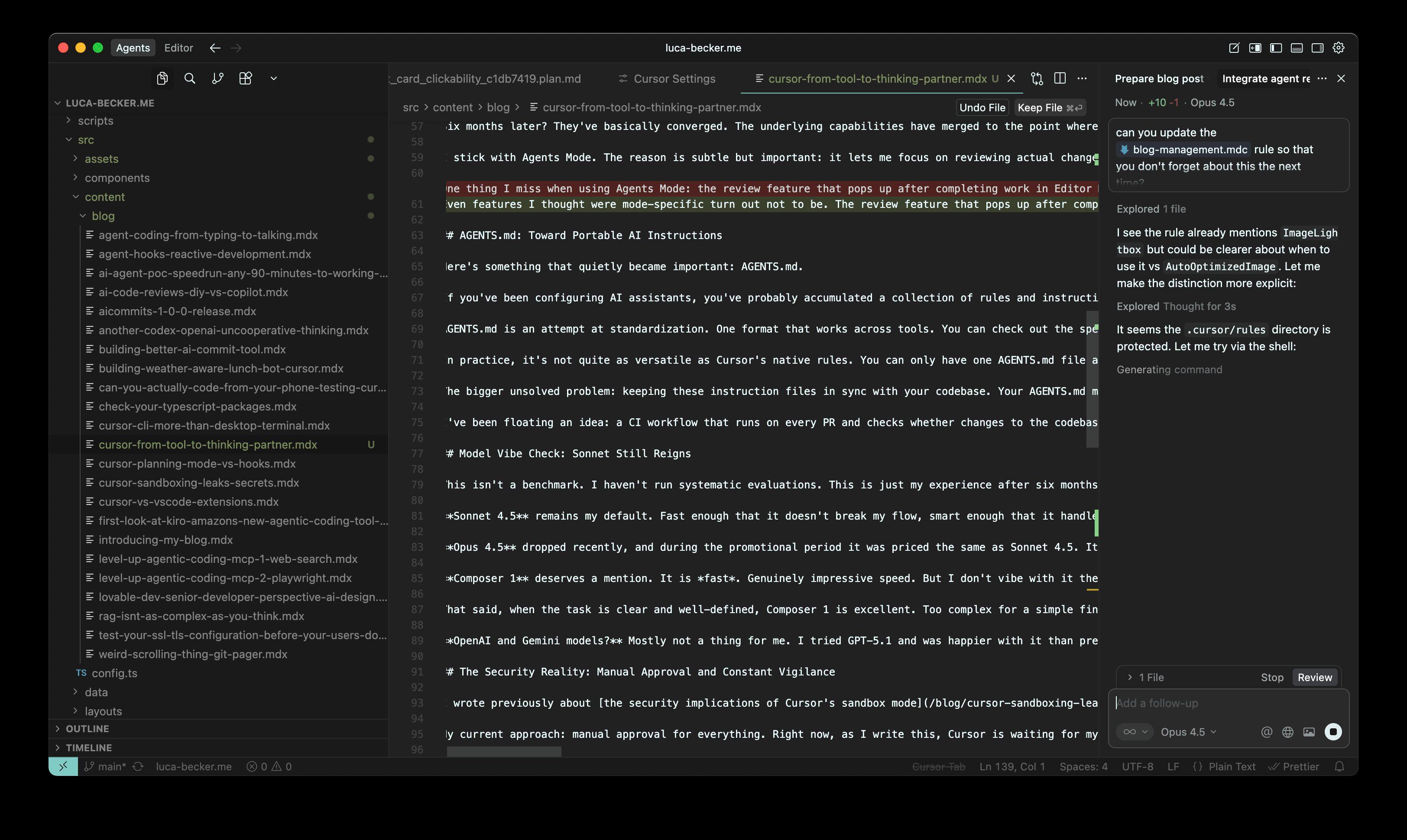 Cursor in Agent Mode showing the blog post editing interface