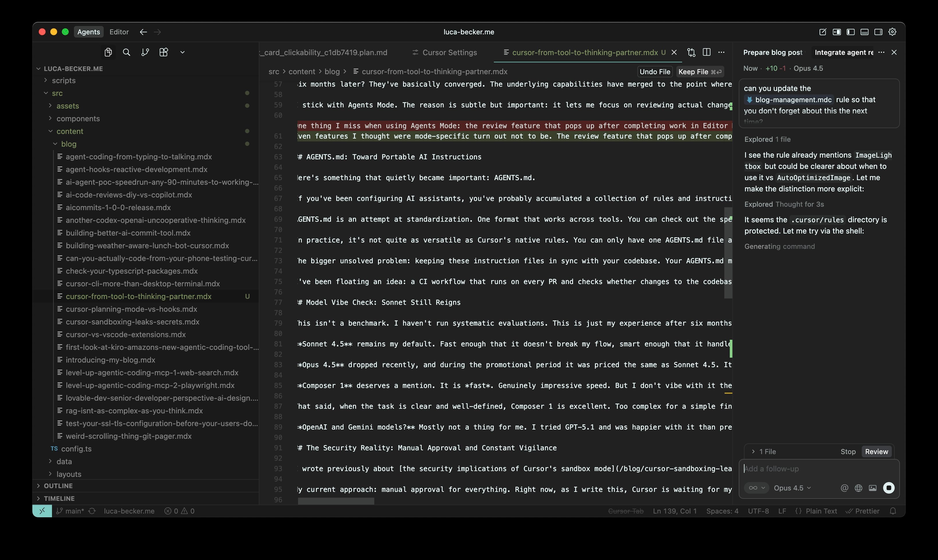 Cursor in Agent Mode showing the blog post editing interface