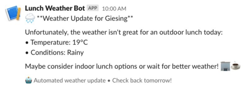 Slack bot showing rainy weather at 19°C with suggestion to consider indoor options instead of outdoor meetup