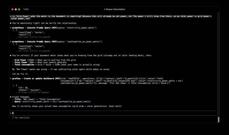 Claude Code conversation showing the net power metric fix discussion