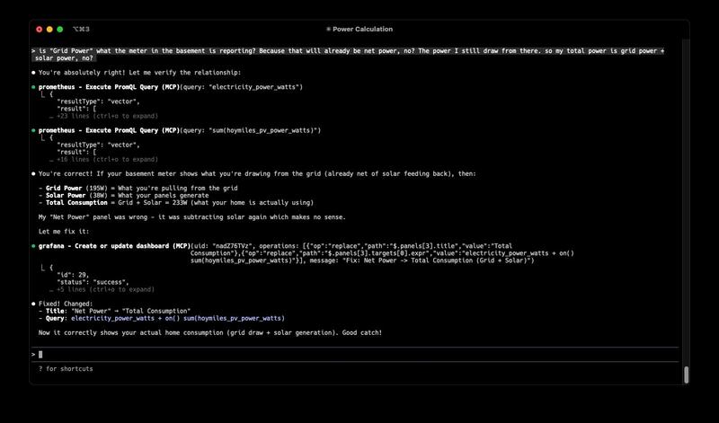 Claude Code conversation showing the net power metric fix discussion