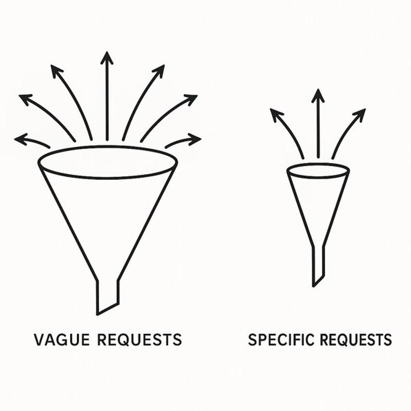 The Cone Theory - Diagram showing how vague requests lead to many possibilities (wide funnel) while specific requests narrow down to focused outcomes (narrow funnel)