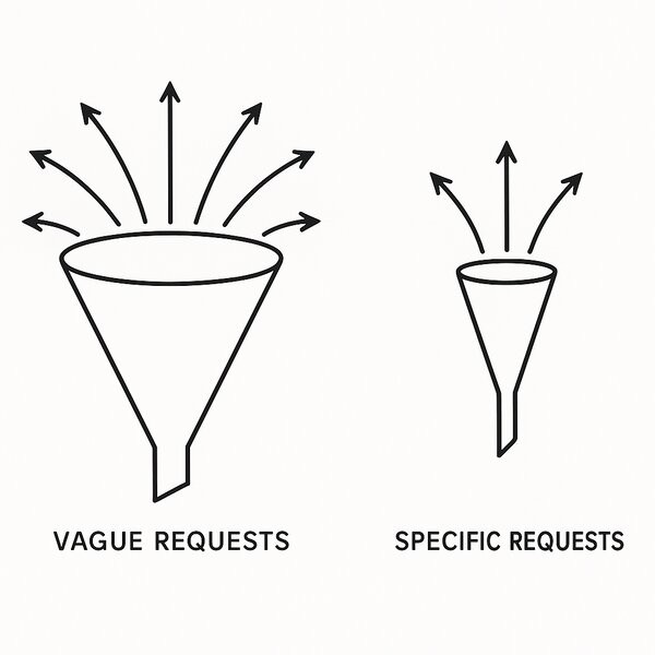 The Cone Theory - Diagram showing how vague requests lead to many possibilities (wide funnel) while specific requests narrow down to focused outcomes (narrow funnel)