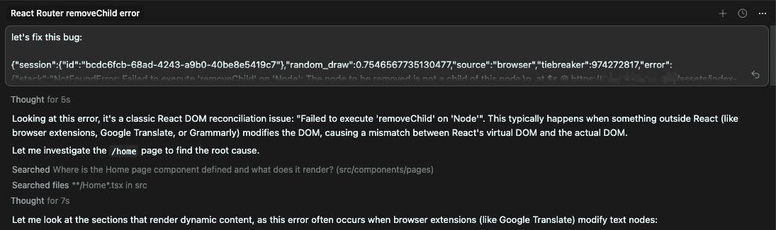 Cursor showing Opus identifying the issue as a classic React DOM reconciliation problem caused by browser extensions like Google Translate