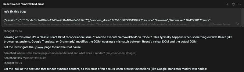 Cursor showing Opus identifying the issue as a classic React DOM reconciliation problem caused by browser extensions like Google Translate