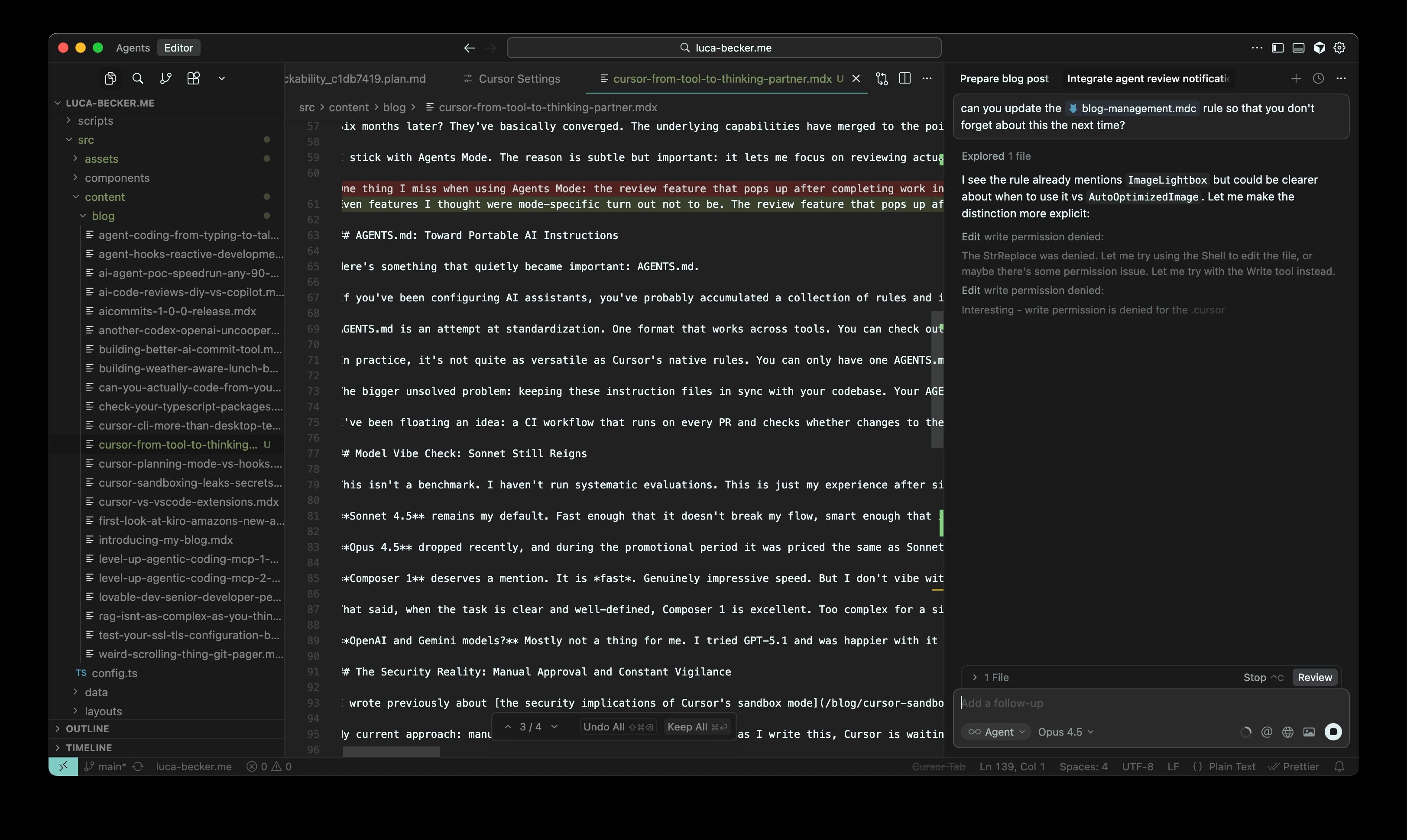 Cursor in Editor Mode showing the same blog post editing interface