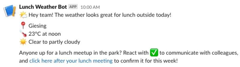 Slack bot notification showing 23°C clear weather with active encouragement for park lunch meetup and confirmation options