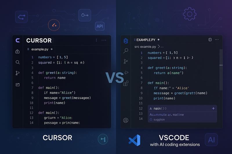 Side-by-side comparison of Cursor IDE and VSCode with AI extensions, showing developer workflow and code generation capabilities