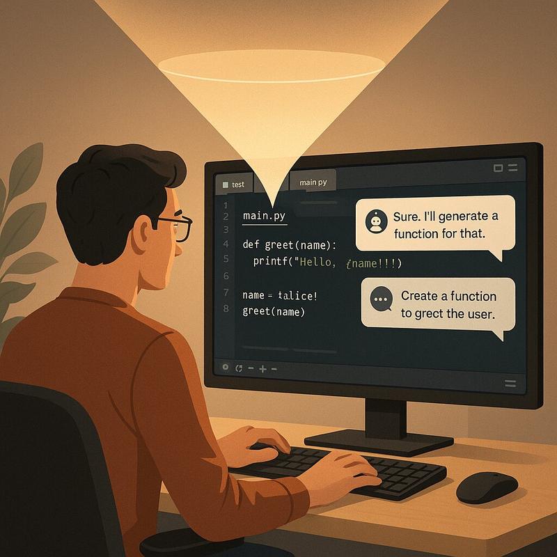 My AI Coding Journey - Illustration showing a developer working with AI, transitioning from traditional coding to conversational development