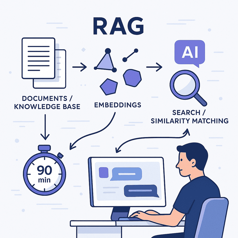 Diagram showing RAG workflow: documents being converted to embeddings, vector search with similarity matching, and AI assistant providing answers