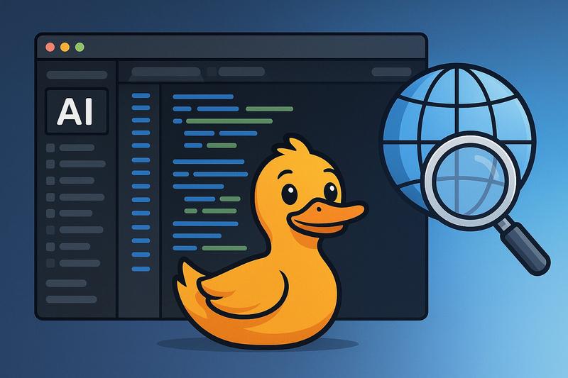 AI coding interface with DuckDuckGo search integration showing web search capabilities in RooCode