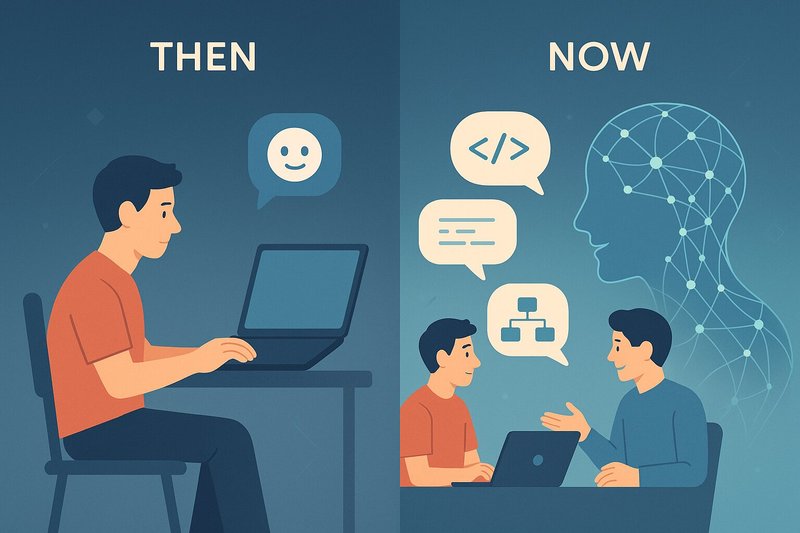 Then vs Now comparison showing the evolution from solo coding to AI-assisted pair programming with collaborative discussion