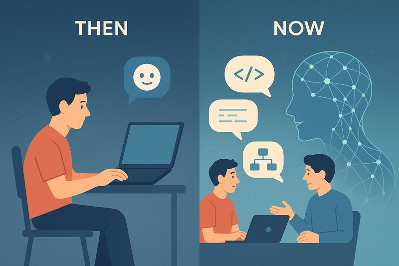 Then vs Now comparison showing the evolution from solo coding to AI-assisted pair programming with collaborative discussion