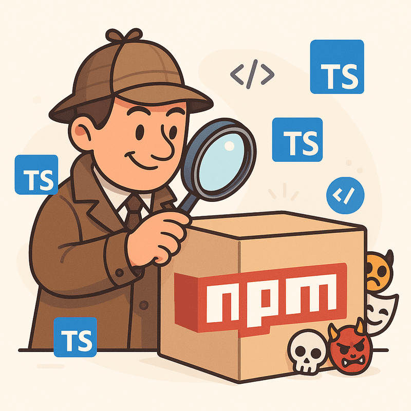 TypeScript detective examining npm packages for module resolution issues - illustration showing a developer with magnifying glass inspecting TypeScript code