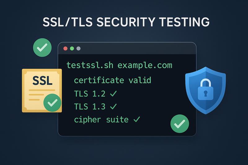 Stylized terminal window showing colorful SSL/TLS security test results with certificate validation status and security warnings