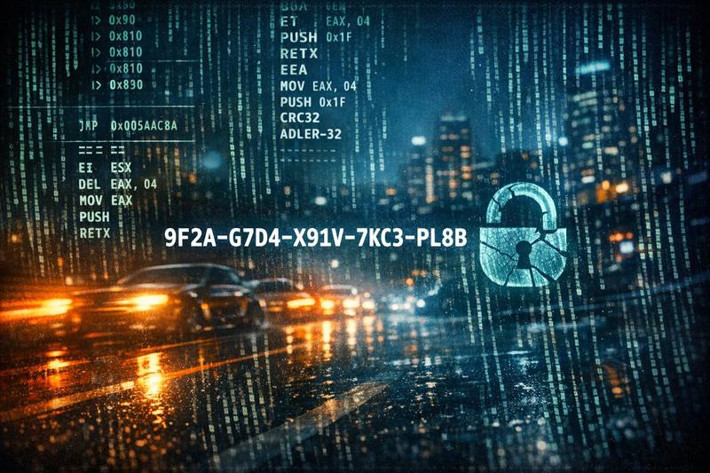 Rainy cyberpunk street scene with code streams and a glowing padlock, illustrating reverse engineering and old software copy protection
