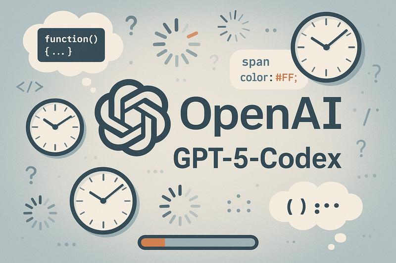 Illustrated clocks, code snippets, and the OpenAI logo representing GPT-5-Codex thinking delays