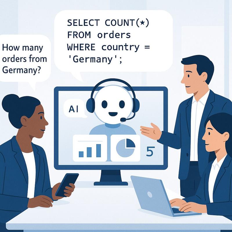 Business professionals asking an AI agent about SQL queries, with a computer screen showing analytics and the question 'How many orders from Germany?' with the corresponding SQL query.