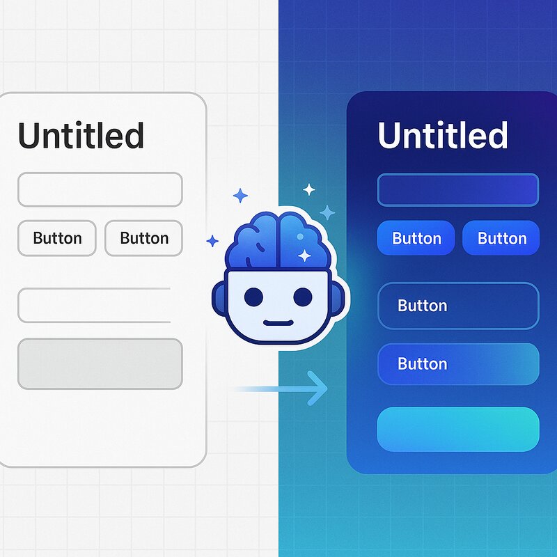 AI-powered design transformation - from plain wireframes to beautiful modern UI designs with AI brain icon showing the transformation process