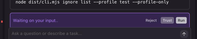 Kiro's command approval interface showing 'Waiting on your input..' with Reject, Trust, and Run buttons, but no keyboard shortcuts indicated