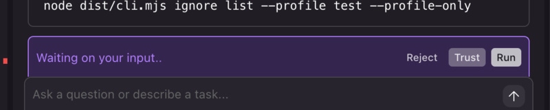 Kiro's command approval interface showing 'Waiting on your input..' with Reject, Trust, and Run buttons, but no keyboard shortcuts indicated