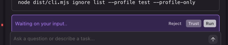 Kiro's command approval interface showing 'Waiting on your input..' with Reject, Trust, and Run buttons, but no keyboard shortcuts indicated