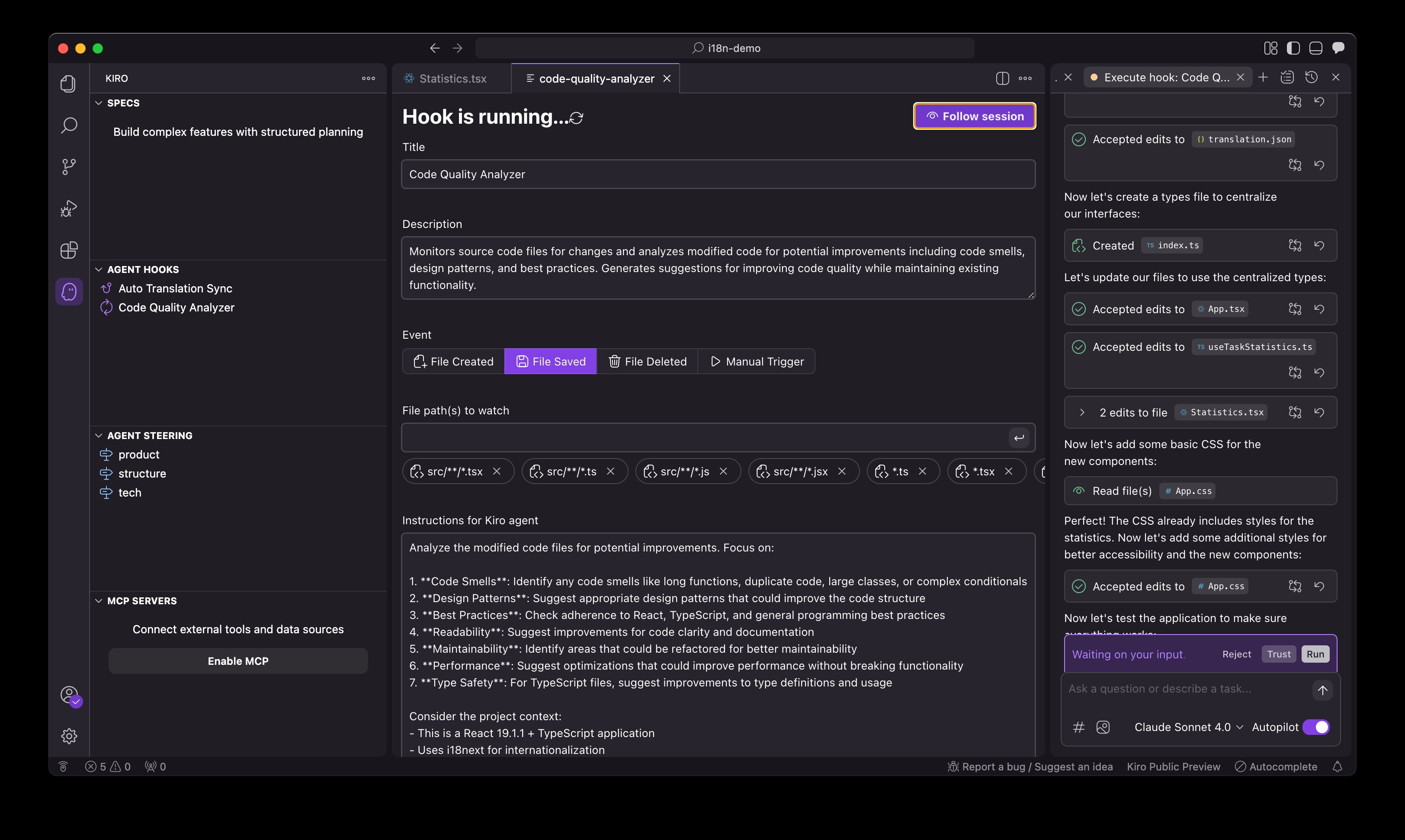 Kiro's Agent Hooks interface showing the hook configuration with Code Quality Analyzer setup, file path monitoring, and detailed agent instructions