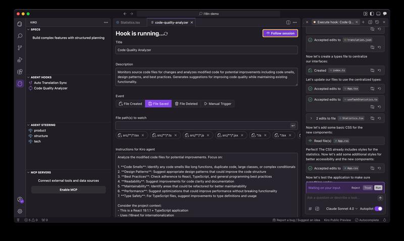 Kiro's Agent Hooks interface showing the hook configuration with Code Quality Analyzer setup, file path monitoring, and detailed agent instructions