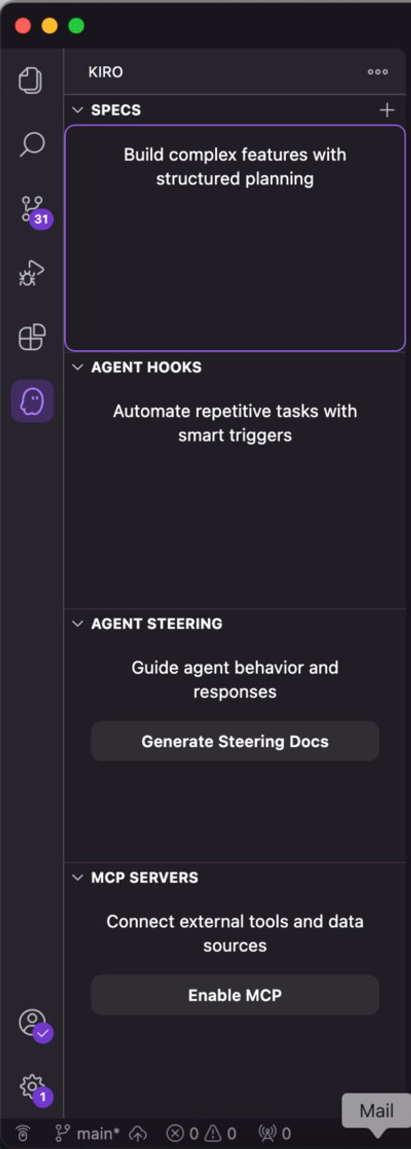 Kiro's sidebar interface showing SPECS section with 'Build complex features with structured planning', plus AGENT HOOKS, AGENT STEERING, and MCP SERVERS sections