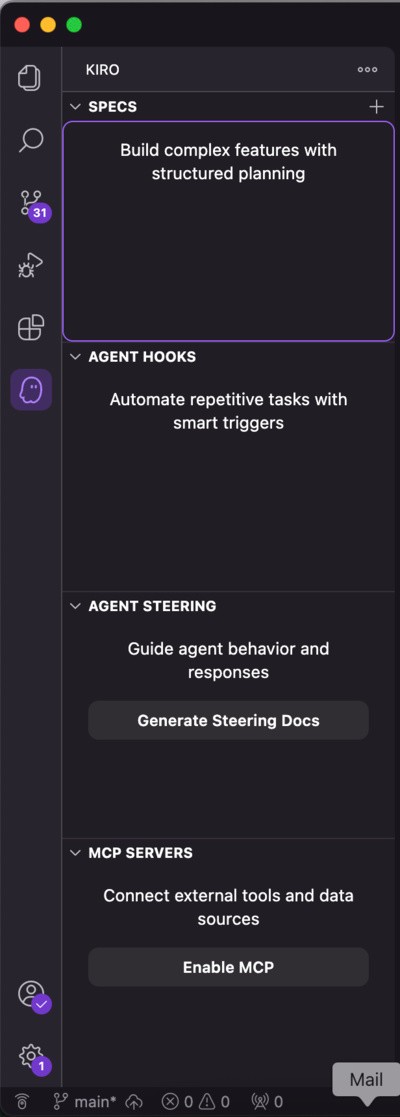 Kiro's sidebar interface showing SPECS section with 'Build complex features with structured planning', plus AGENT HOOKS, AGENT STEERING, and MCP SERVERS sections