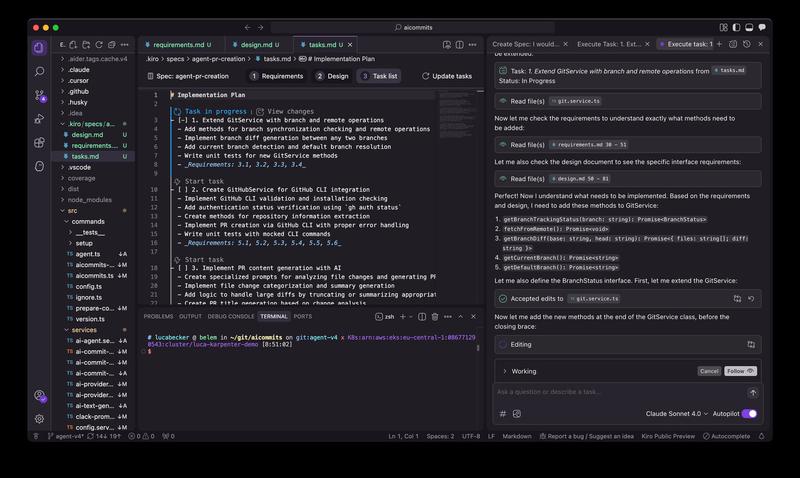 Kiro's spec mode interface showing structured task breakdown with Requirements, Design, and Task list tabs, plus real-time task execution and file editing panels
